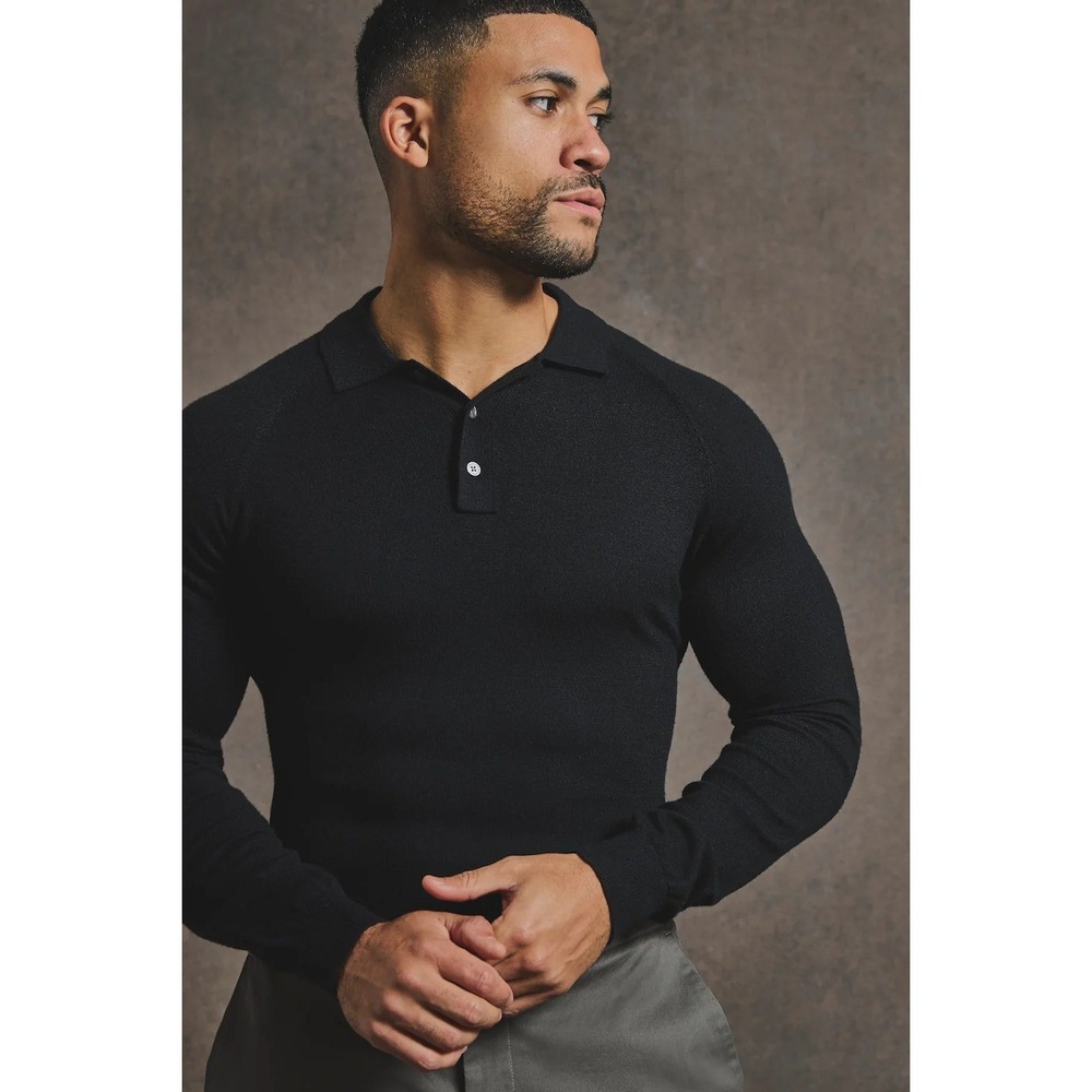 Tailored Athlete Mens Long Sleeve Polo Sweater Black Knit Athletic Fit Large NWT